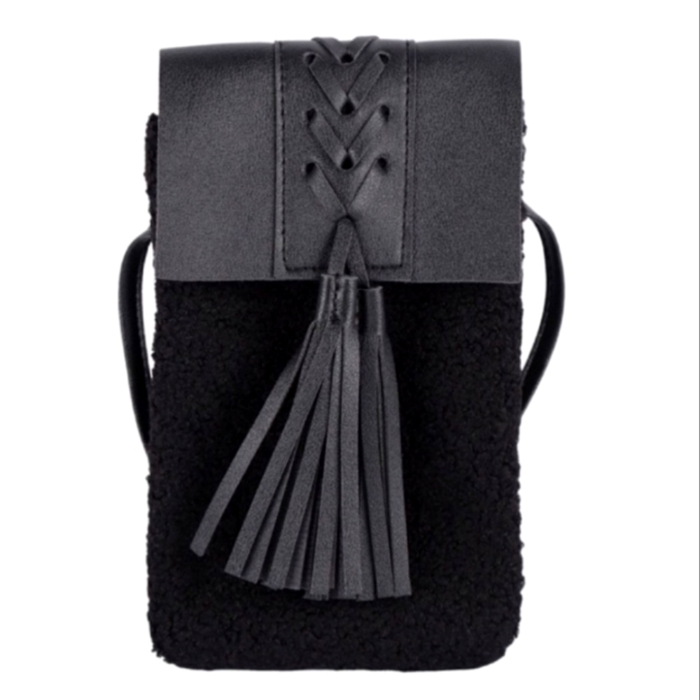 NWT Small Crossbody. Black faux leather, sherpa.
